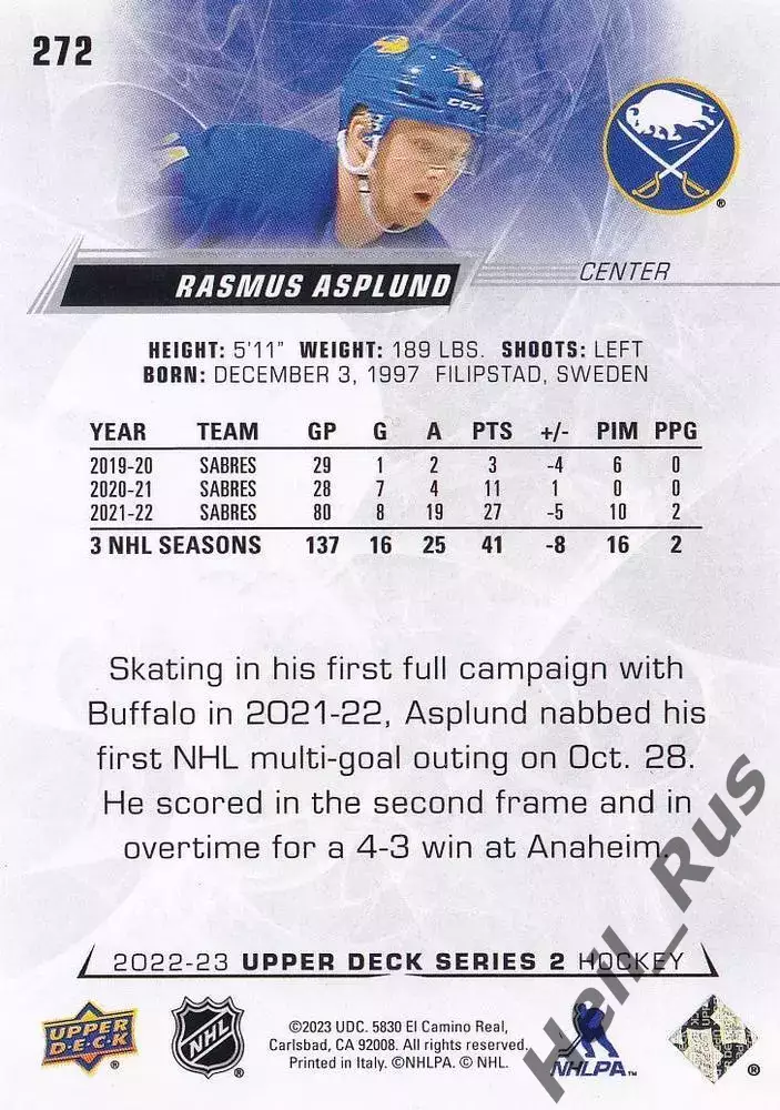 Карточка Rasmus Asplund/Расмус Асплунд (Buffalo Sabres/Баффало Сейбрз) НХЛ/NHL 1