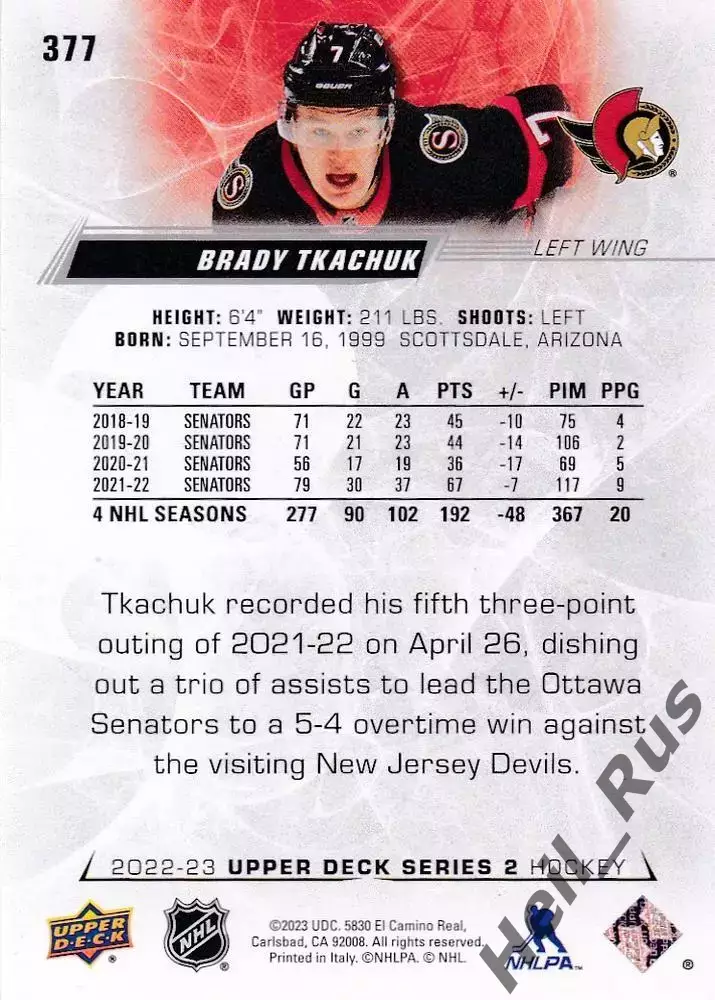 Карточка Brady Tkachuk/Брэди Ткачук (Ottawa Senators/Оттава Сенаторз) НХЛ - NHL 1