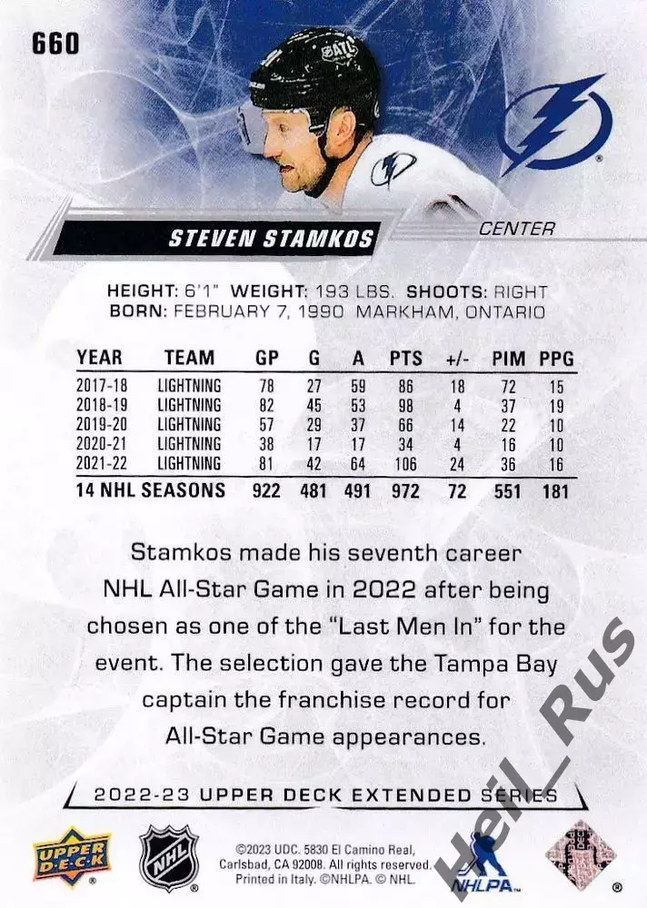 Карточка Stamkos/Стивен Стэмкос (Tampa Bay Lightning/Тампа-Бэй Лайтнинг) НХЛ NHL 1
