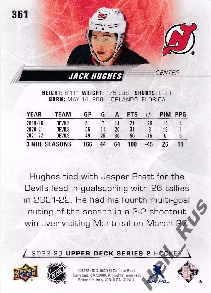Карточка Jack Hughes / Джек Хьюз (New Jersey Devils/Нью-Джерси Девилз) НХЛ / NHL 1