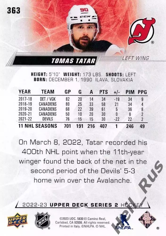 Карточка Tomas Tatar / Томаш Татар (New Jersey Devils/Нью-Джерси Девилз) НХЛ/NHL 1