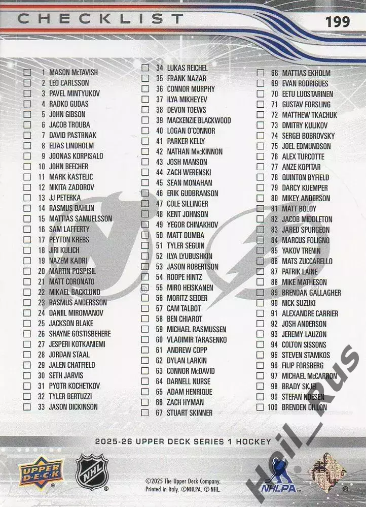 Карточка Якоб Маркстрем/Андрей Василевский (Нью-Джерси Девилз/Тампа-Бэй) НХЛ/NHL 1