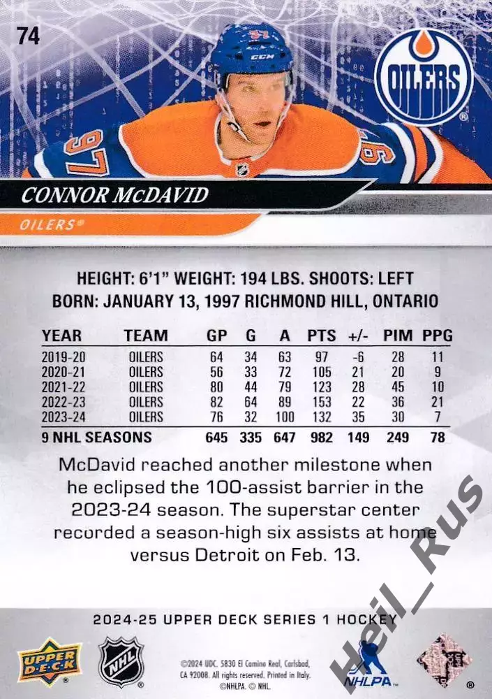 Карточка Connor McDavid/Коннор Макдэвид Edmonton Oilers/Эдмонтон Ойлерз; НХЛ/NHL 1