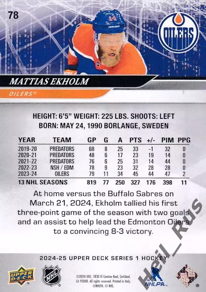 Карточка Mattias Ekholm/Маттиас Экхольм Edmonton Oilers/Эдмонтон Ойлерз НХЛ/NHL 1