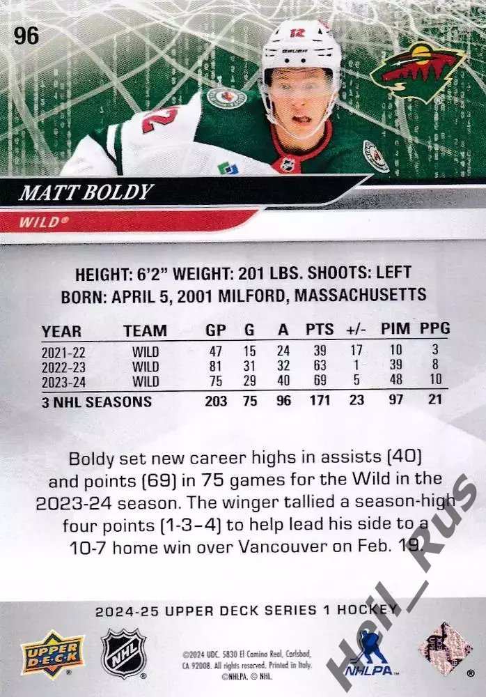 Хоккей Карточка Matt Boldy/Мэттью Болди Minnesota Wild/Миннесота Уайлд НХЛ/NHL 1