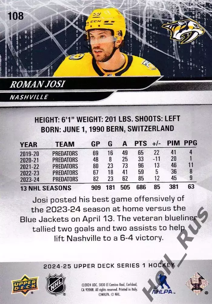 Карточка Roman Josi/Роман Йоси (Nashville Predators / Нэшвилл Предаторз) НХЛ/NHL 1