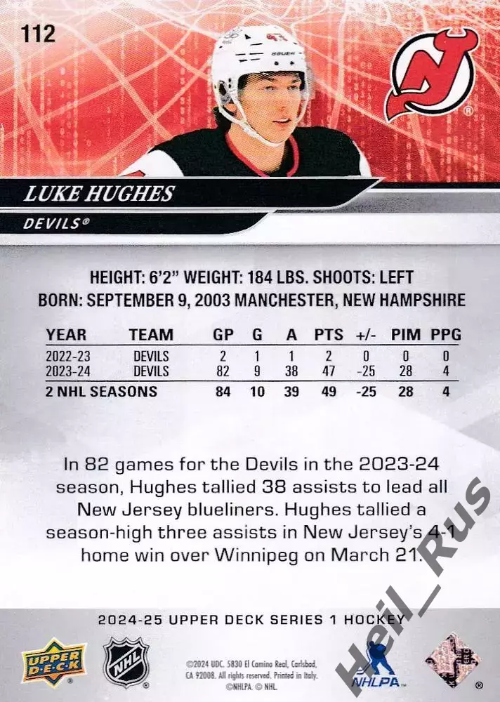 Хоккей Карточка Luke Hughes/Люк Хьюз New Jersey Devils/Нью-Джерси Девилз НХЛ/NHL 1