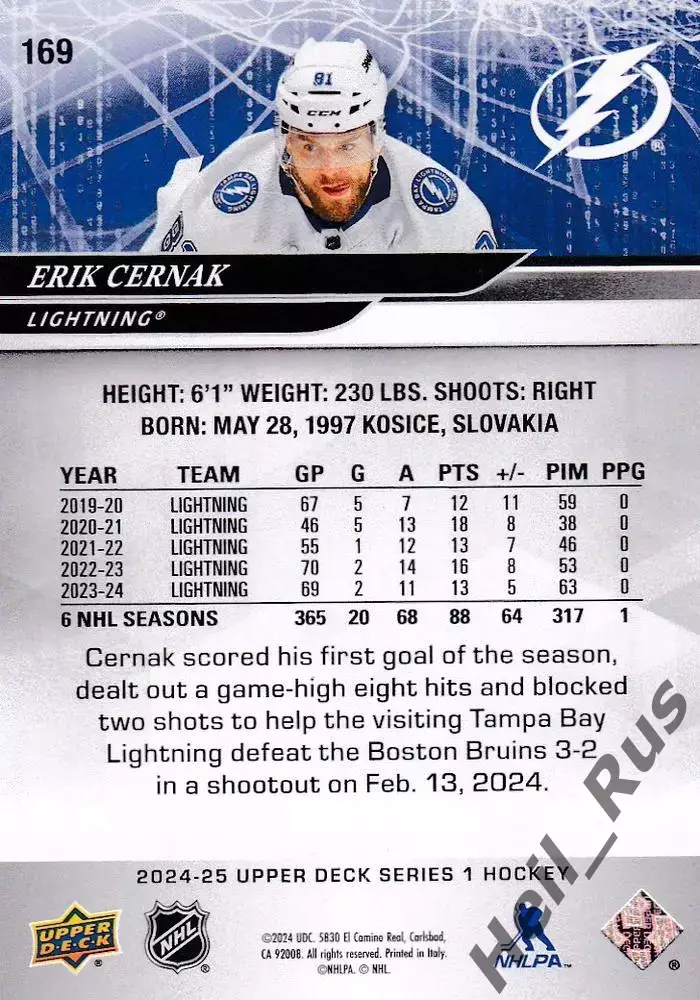 Карточка Erik Cernak/Эрик Чернак Tampa Bay Lightning/Тампа-Бэй Лайтнинг НХЛ/NHL 1