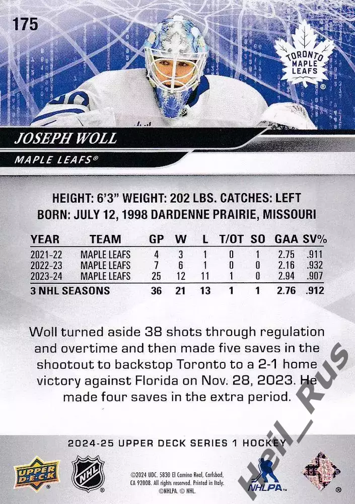 Карточка Joseph Woll/Джозеф Уолл Toronto Maple Leafs/Торонто Мейпл Лифс НХЛ/NHL 1