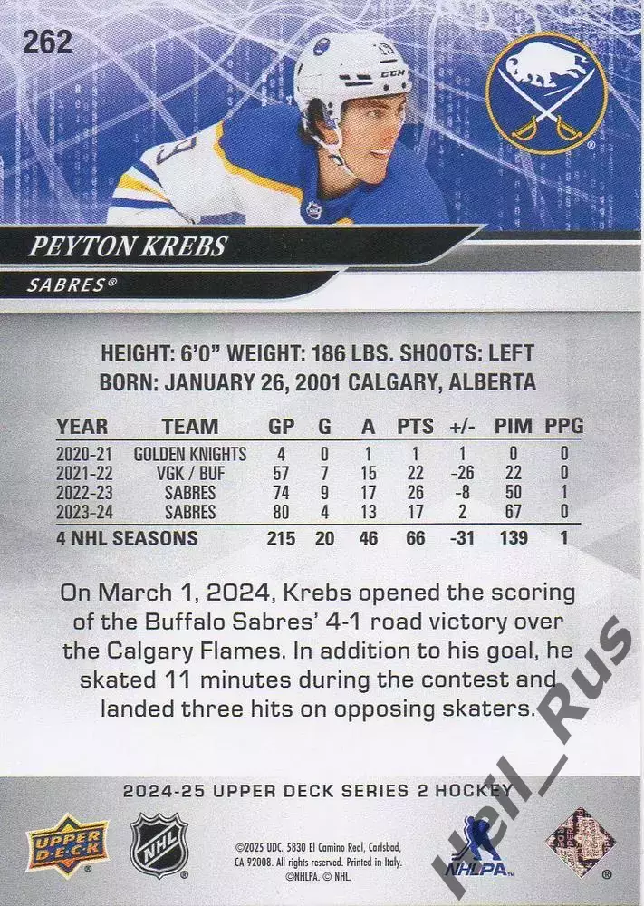 Хоккей; Карточка Peyton Krebs/Пейтон Кребс Buffalo Sabres/Баффало Сейбрз НХЛ/NHL 1