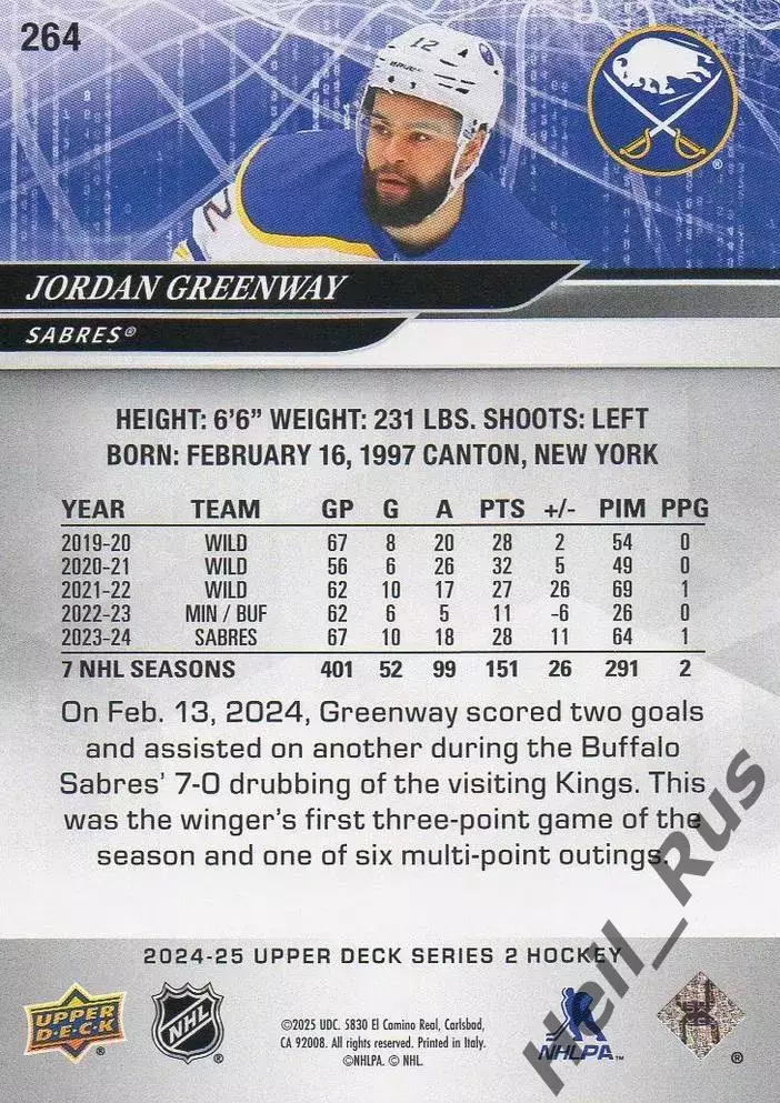 Карточка Jordan Greenway/Джордан Гринвэй (Buffalo Sabres/Баффало Сейбрз) НХЛ/NHL 1