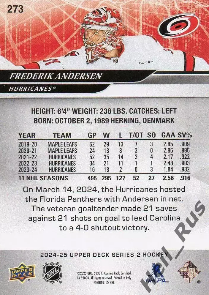 Хоккей; Карточка Andersen/Фредерик Андерсен Carolina Hurricanes/Каролина НХЛ/NHL 1