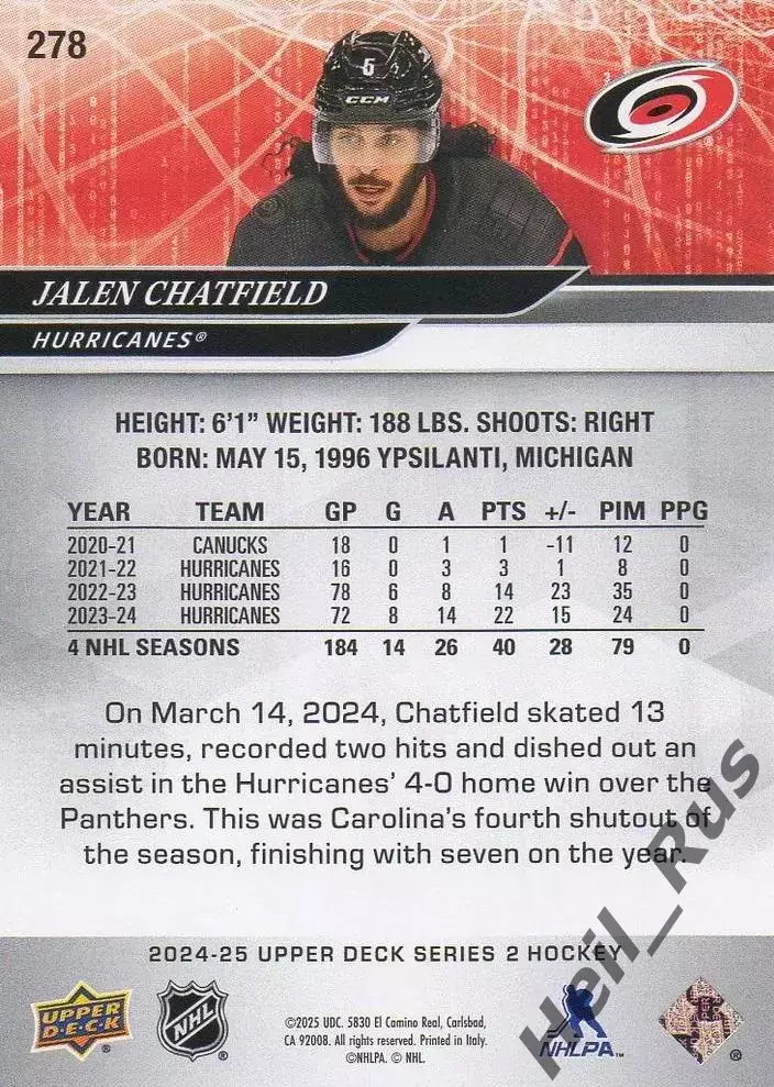 Карточка Jalen Chatfield/Джейлен Чатфилд (Carolina Hurricanes/Каролина) НХЛ/NHL 1