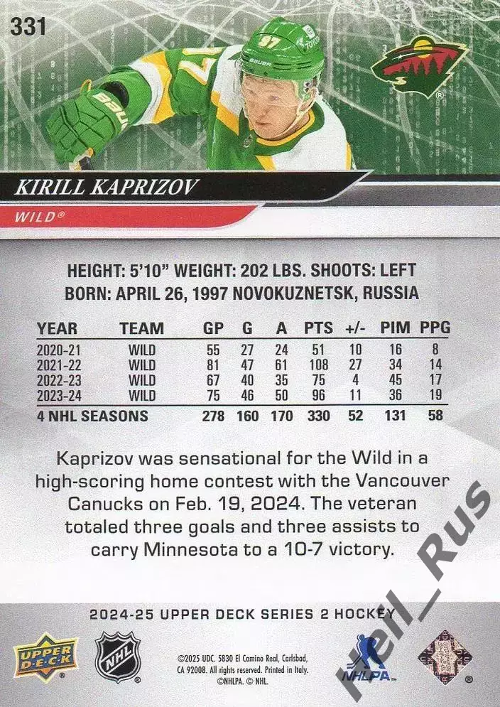 Карточка Кирилл Капризов Minnesota Wild/Миннесота ЦСКА/Салават Юлаев NHL/НХЛ КХЛ 1