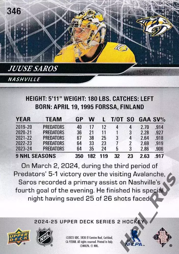Карточка Juuse Saros/Юусе Сарос (Nashville Predators/Нэшвилл Предаторз) НХЛ-NHL 1
