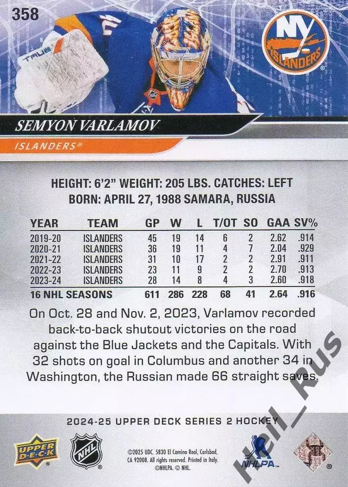 Хоккей. Карточка Семен Варламов (Нью-Йорк Айлендерс/Локомотив Ярославль) НХЛ/КХЛ 1