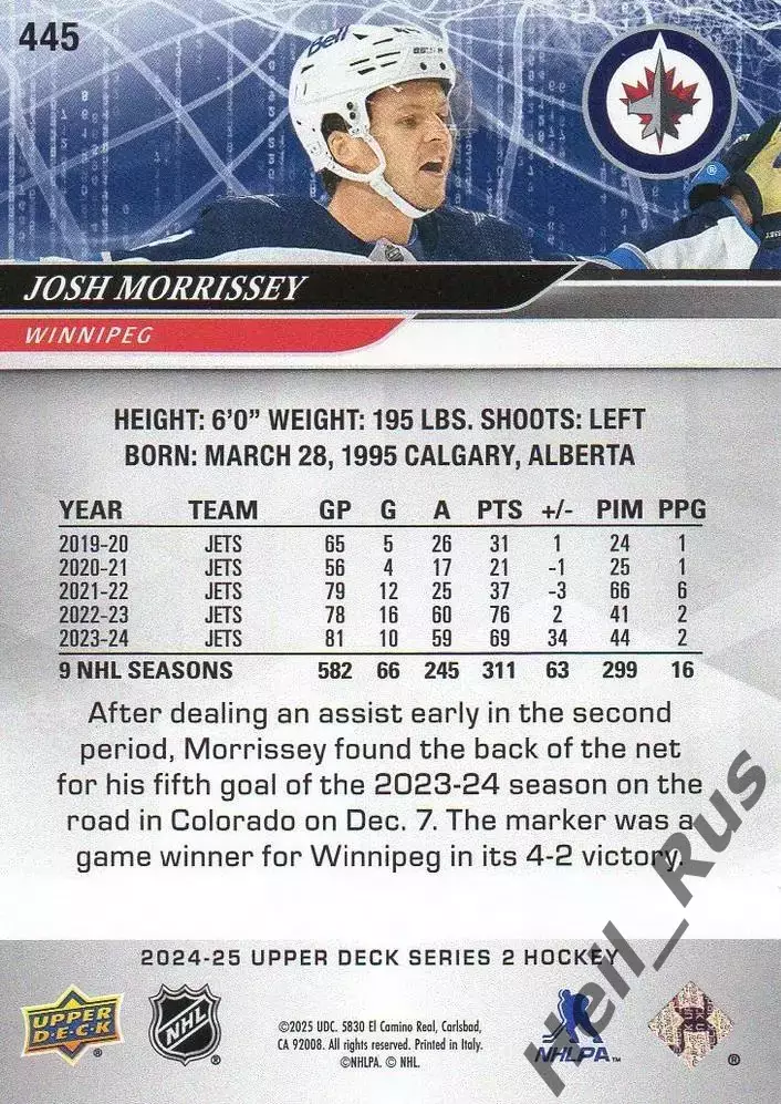 Карточка Josh Morrissey / Джош Моррисси (Winnipeg Jets/Виннипег Джетс) НХЛ/NHL 1
