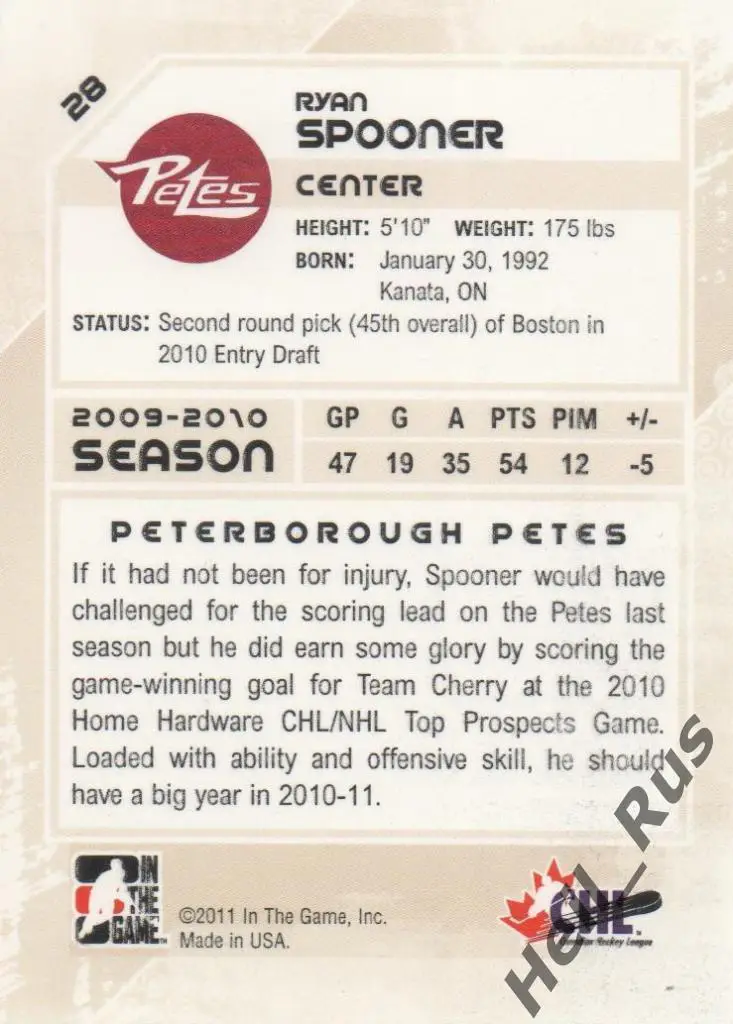 Карточка Райан Спунер (Peterborough, Авангард/Автомобилист/Динамо Минск) НХЛ/КХЛ 1
