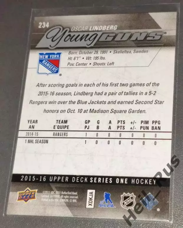 Хоккей. Карточка Оскар Линдберг (Нью-Йорк Рейнджерс, Динамо Москва) НХЛ/NHL, КХЛ 1