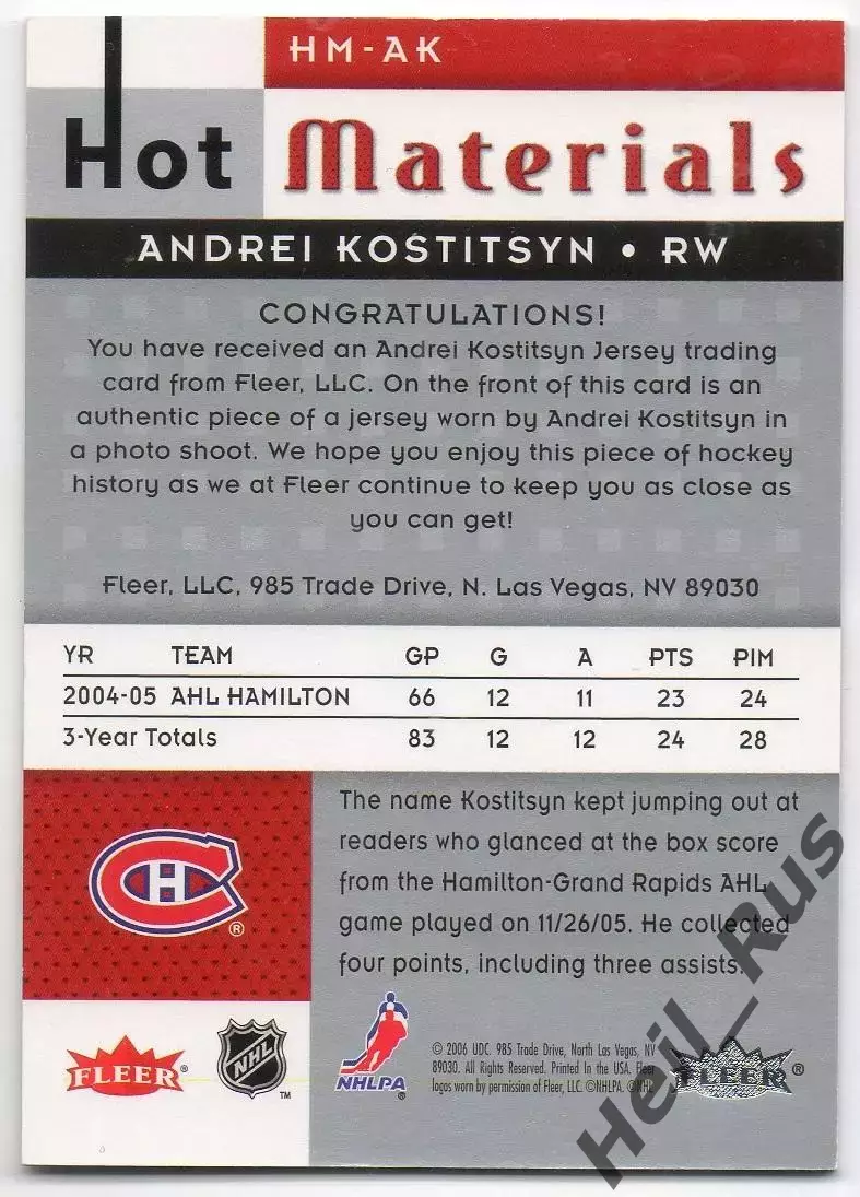 Карточка Андрей Костицын (Монреаль Канадиенс, Динамо Минск/ЦСКА/Трактор) НХЛ/КХЛ 1
