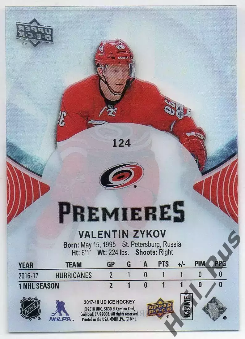 Карточка Валентин Зыков Carolina Hurricanes/Каролина Харрикейнз, СКА НХЛ/NHL/КХЛ 1