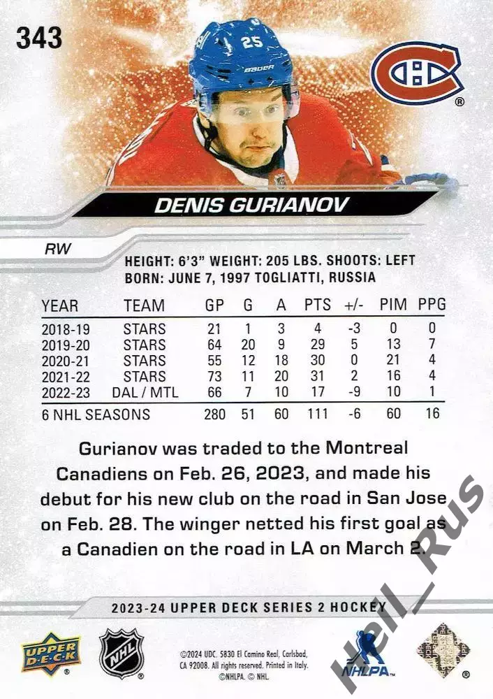 Хоккей. Карточка Денис Гурьянов (Монреаль Канадиенс, ЦСКА, Лада) NHL/НХЛ, КХЛ 1
