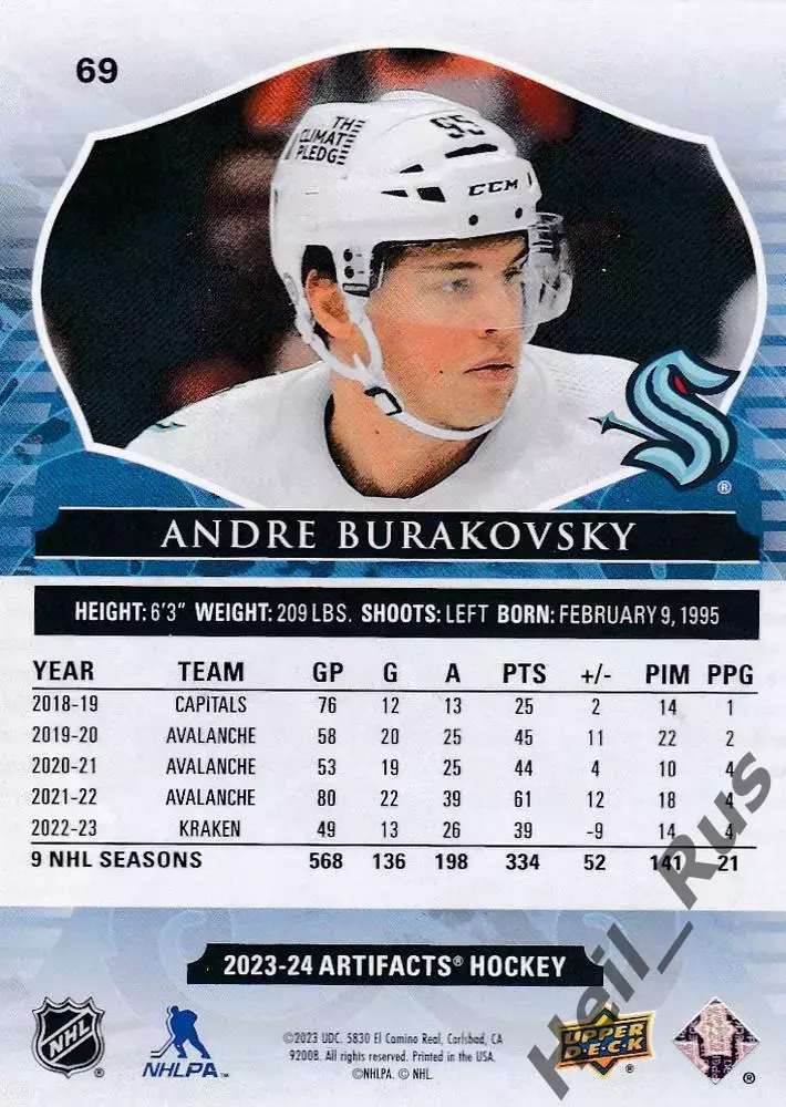 Карточка Andre Burakovsky/Андре Бураковски (Seattle Kraken/Сиэтл Кракен) НХЛ/NHL 1