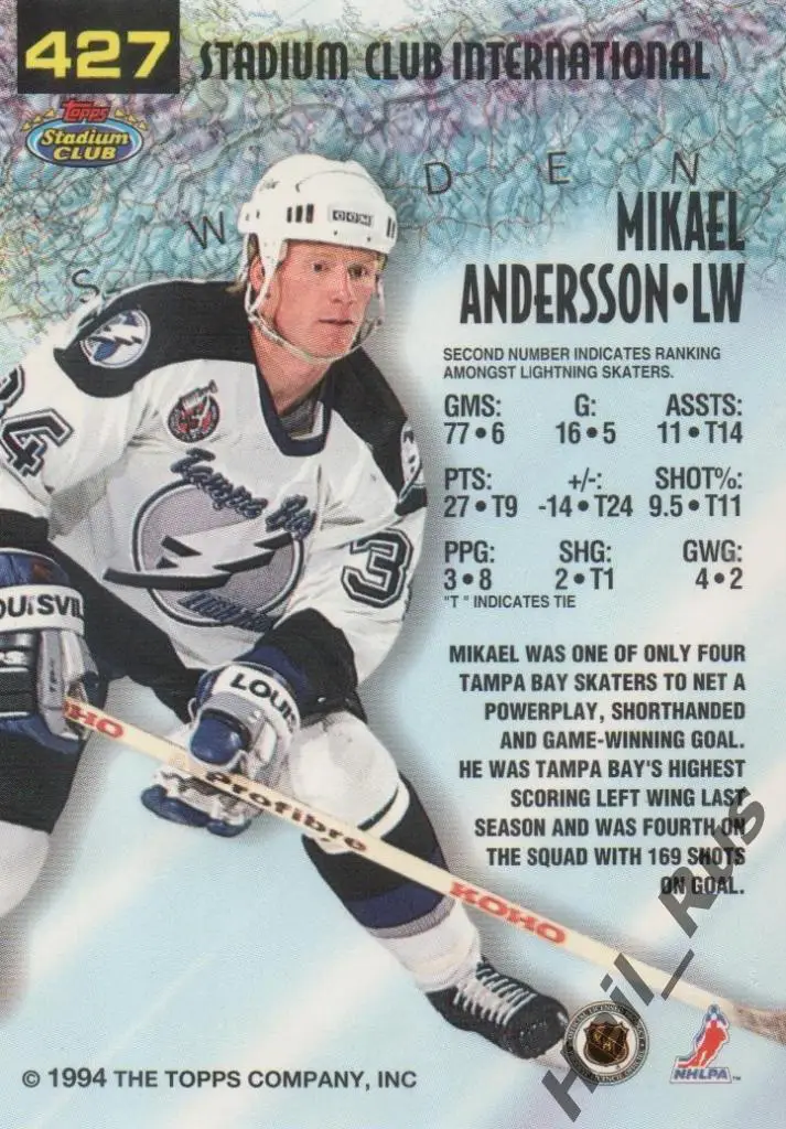 Карточка Микаэль Андерссон Швеция/Tampa Bay Lightning/Тампа-Бэй Лайтнинг НХЛ/NHL 1