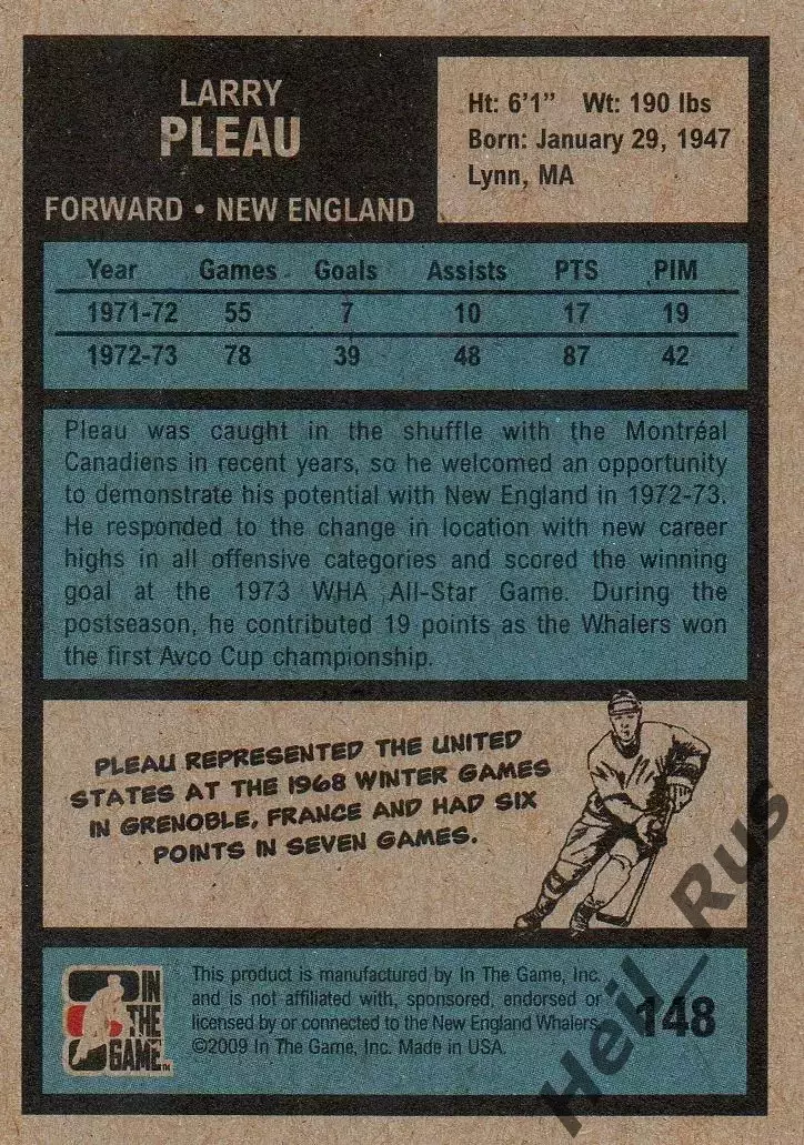 Карточка Larry Pleau/Ларри Плеу New England Whalers/Нью-Инглэнд WHA/ВХА, NHL/НХЛ 1