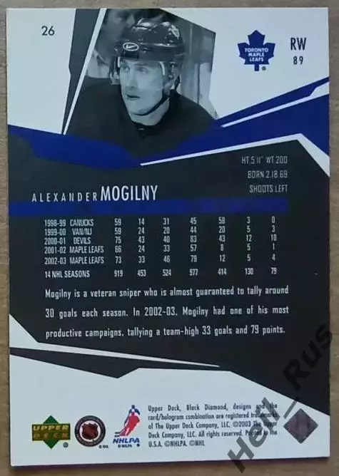 Хоккей. Карточка Александр Могильный (Торонто Мейпл Лифс, ЦСКА Москва) НХЛ/NHL 1
