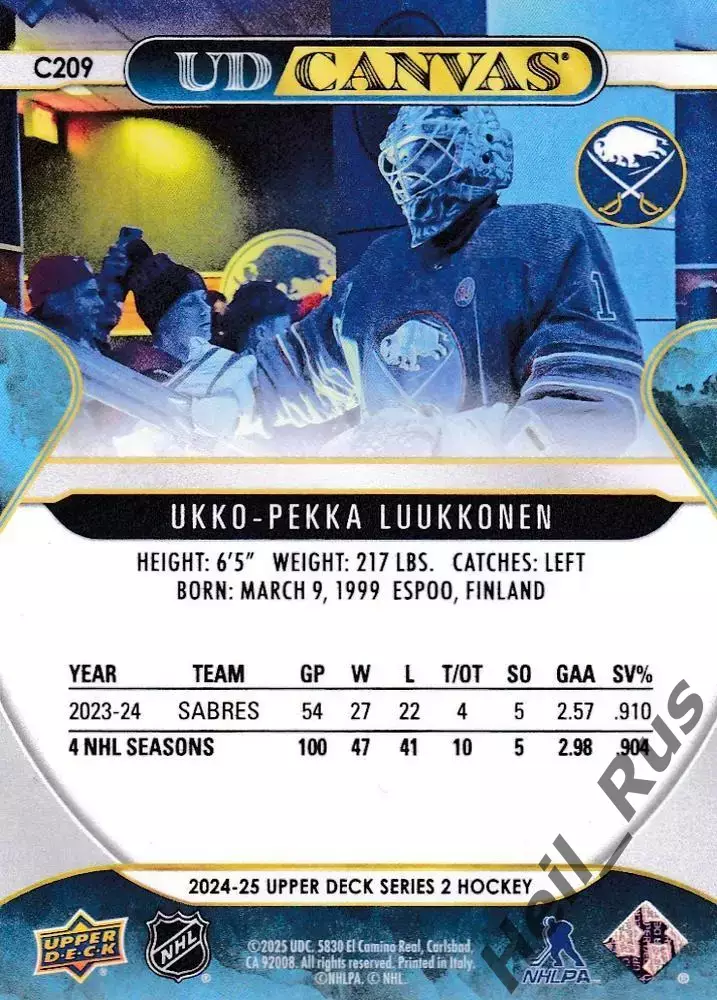 Карточка Luukkonen/Укко-Пекка Луукконен (Buffalo Sabres/Баффало Сейбрз) NHL-НХЛ 1