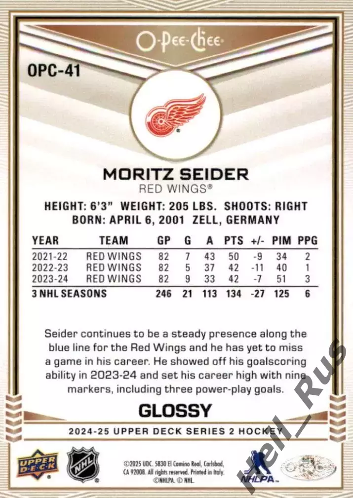 Карточка Moritz Seider/Мориц Зайдер Detroit Red Wings/Детройт Ред Уингз, NHL НХЛ 1