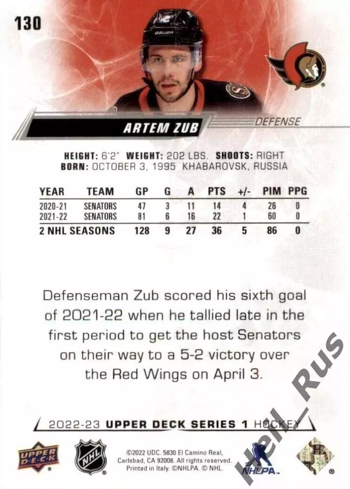 Хоккей. Карточка Артем Зуб Ottawa Senators/Оттава Сенаторз, СКА/Амур НХЛ/NHL/КХЛ 1