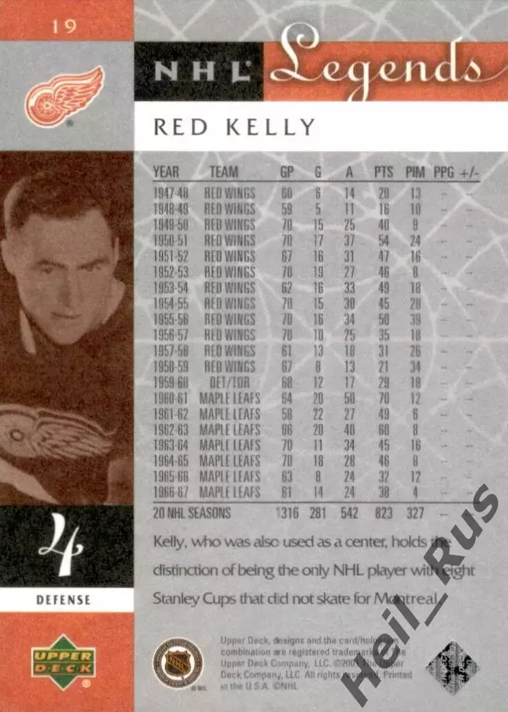 Хоккей. Карточка Red Kelly/Ред Келли Detroit Red Wings/Детройт Ред Уингз НХЛ/NHL 1