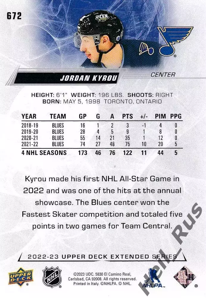 Хоккей Карточка Jordan Kyrou/Джордан Кайру St Louis Blues/Сент-Луис Блюз НХЛ NHL 1