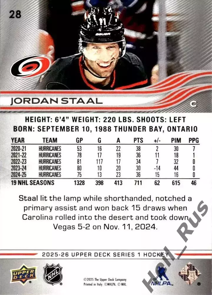 Хоккей Карточка Jordan Staal/Джордан Стаал Carolina Hurricanes/Каролина NHL/НХЛ 1
