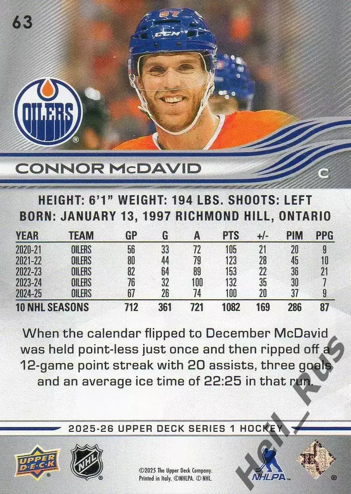 Карточка Connor McDavid/Коннор Макдэвид Edmonton Oilers/Эдмонтон Ойлерз; НХЛ-NHL 1