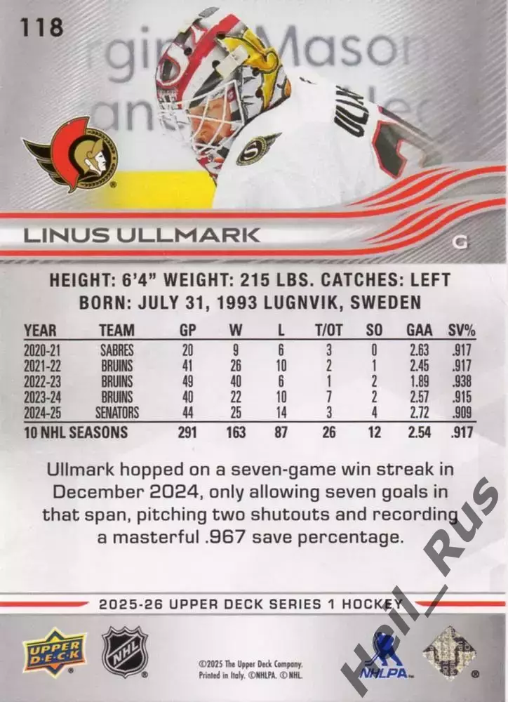 Карточка Linus Ullmark/Линус Улльмарк (Ottawa Senators/Оттава Сенаторз) НХЛ/NHL 1