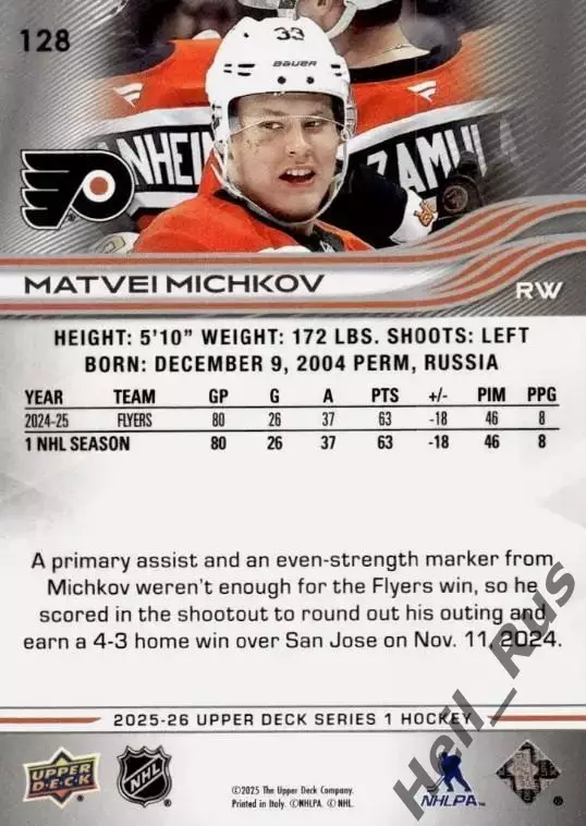 Карточка Матвей Мичков Philadelphia Flyers/Филадельфия Флайерз, Сочи СКА НХЛ/КХЛ 1
