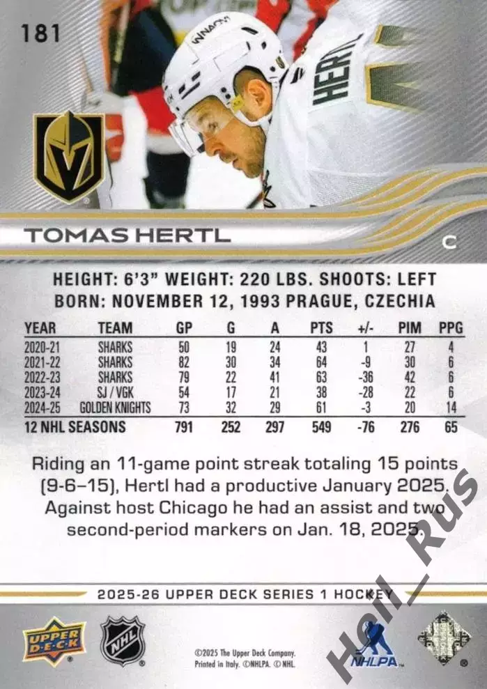 Карточка Tomas Hertl/Томаш Гертл Vegas Golden Knights/Вегас Голден Найтс НХЛ/NHL 1