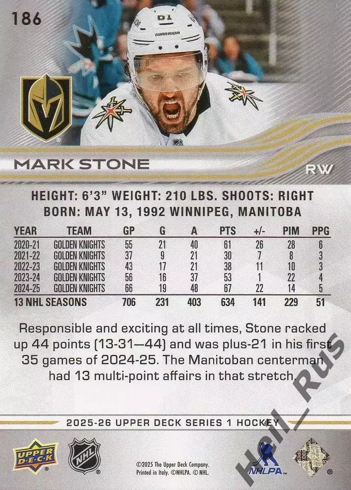 Карточка Mark Stone/Марк Стоун (Vegas Golden Knights/Вегас Голден Найтс) НХЛ/NHL 1