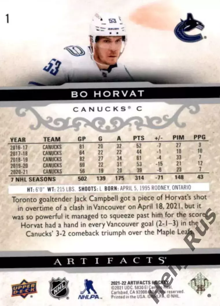 Хоккей; Карточка Bo Horvat / Бо Хорват Vancouver Canucks/Ванкувер Кэнакс НХЛ/NHL 1
