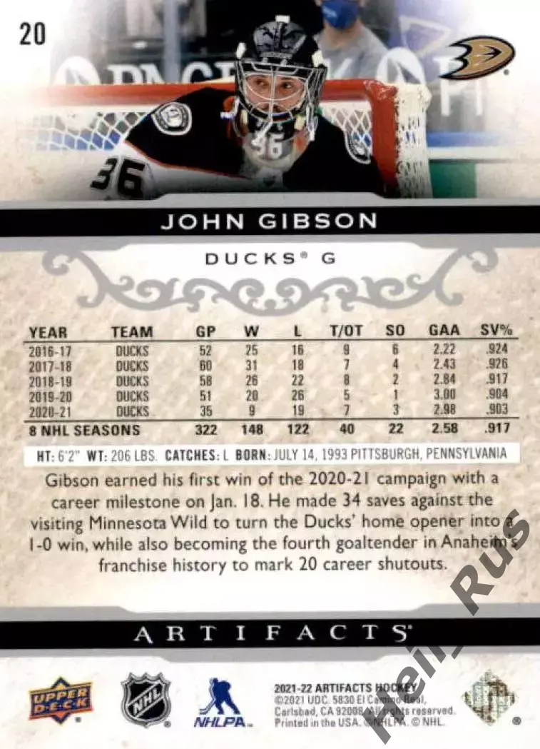 Хоккей. Карточка John Gibson/Джон Гибсон (Anaheim Ducks/Анахайм Дакс) НХЛ / NHL 1