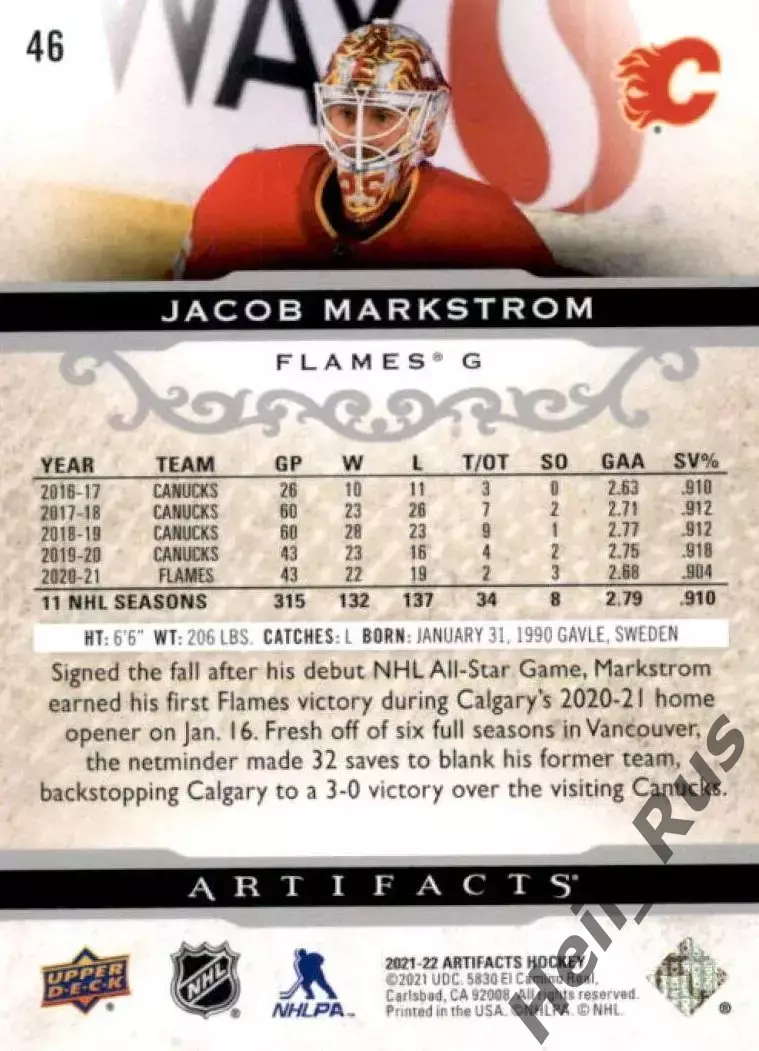 Карточка Jacob Markstrom/Якоб Маркстрем (Calgary Flames/Калгари Флэймз) NHL-НХЛ 1