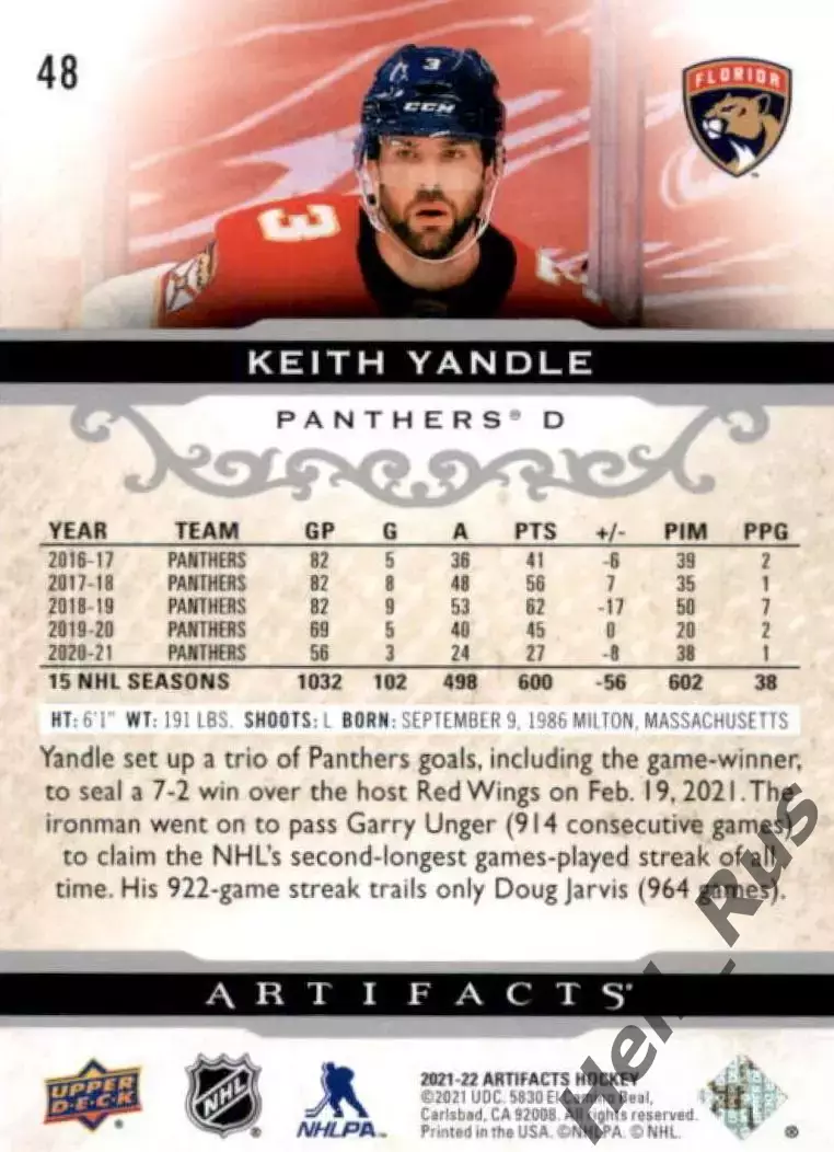 Хоккей; Карточка Keith Yandle/Кит Яндл Florida Panthers/Флорида Пантерз НХЛ/NHL 1