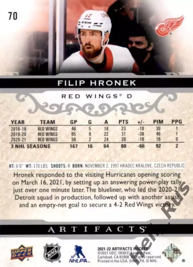 Карточка Filip Hronek/Филип Гронек (Detroit Red Wings/Детройт Ред Уингз) НХЛ/NHL 1