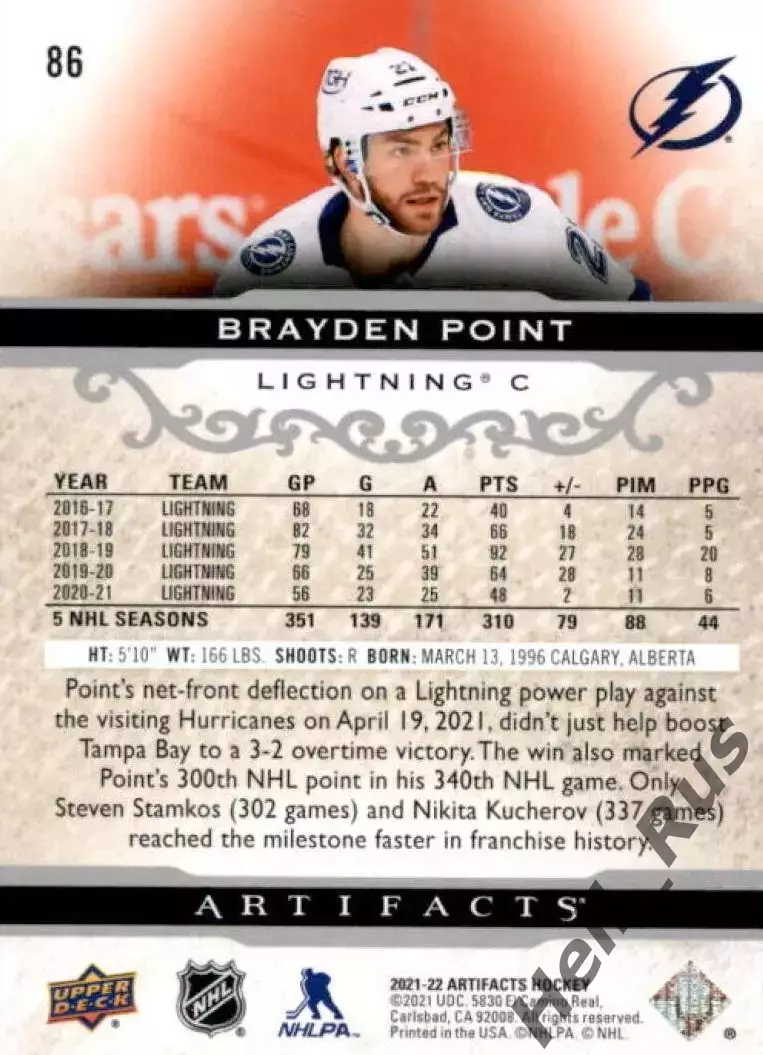 Карточка B. Point/Брэйден Пойнт (Tampa Bay Lightning/Тампа-Бэй Лайтнинг) НХЛ-NHL 1