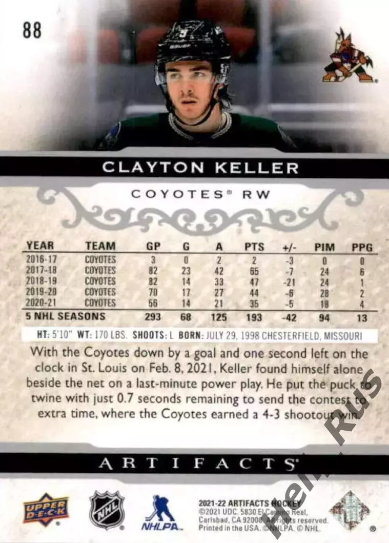 Карточка Clayton Keller/Клейтон Келлер (Arizona Coyotes/Аризона Койотис) NHL-НХЛ 1