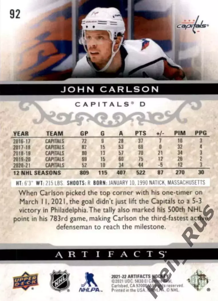 Хоккей; Карточка John Carlson/Джон Карлсон Washington Capitals/Вашингтон НХЛ-NHL 1
