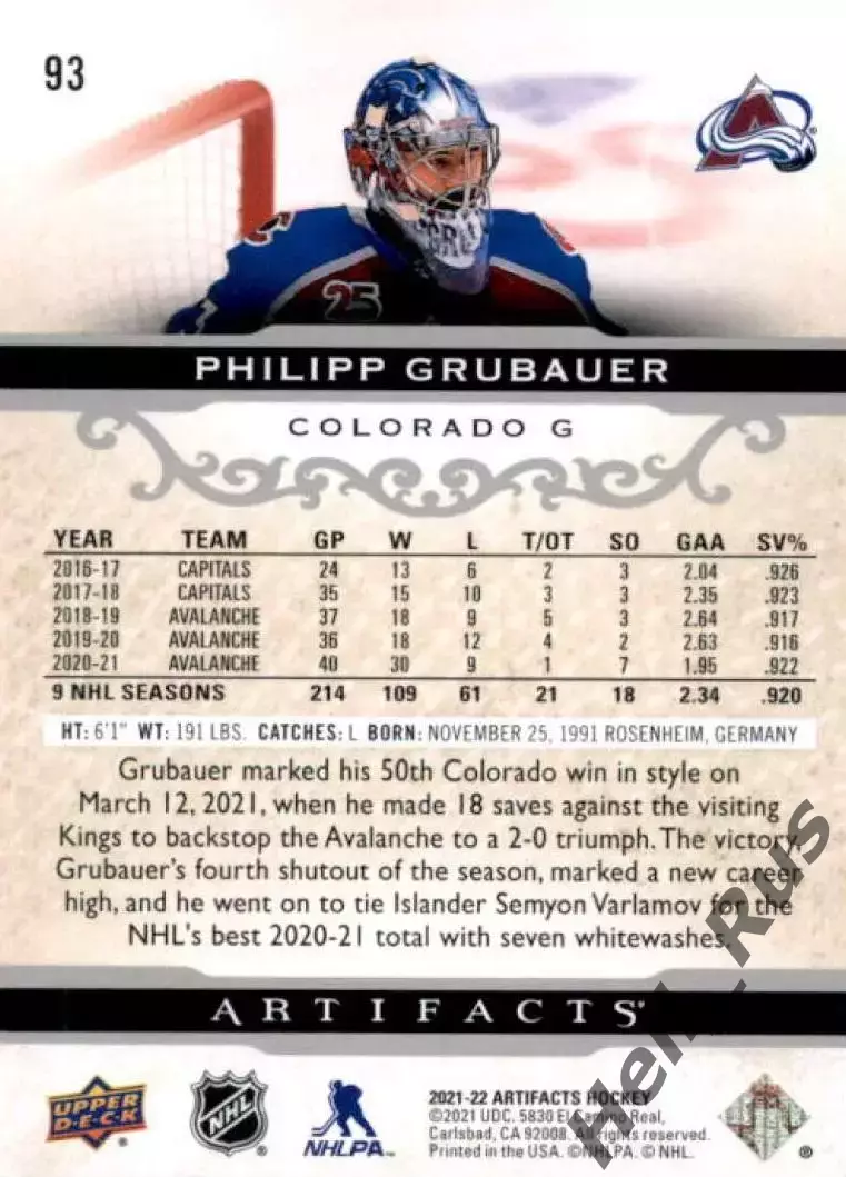 Карточка Grubauer/Филипп Грубауэр (Colorado Avalanche/Колорадо Эвеланш) НХЛ/NHL 1